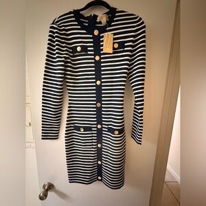 MICHAEL Michael Kors Navy and White Striped Dress with Gold Accents